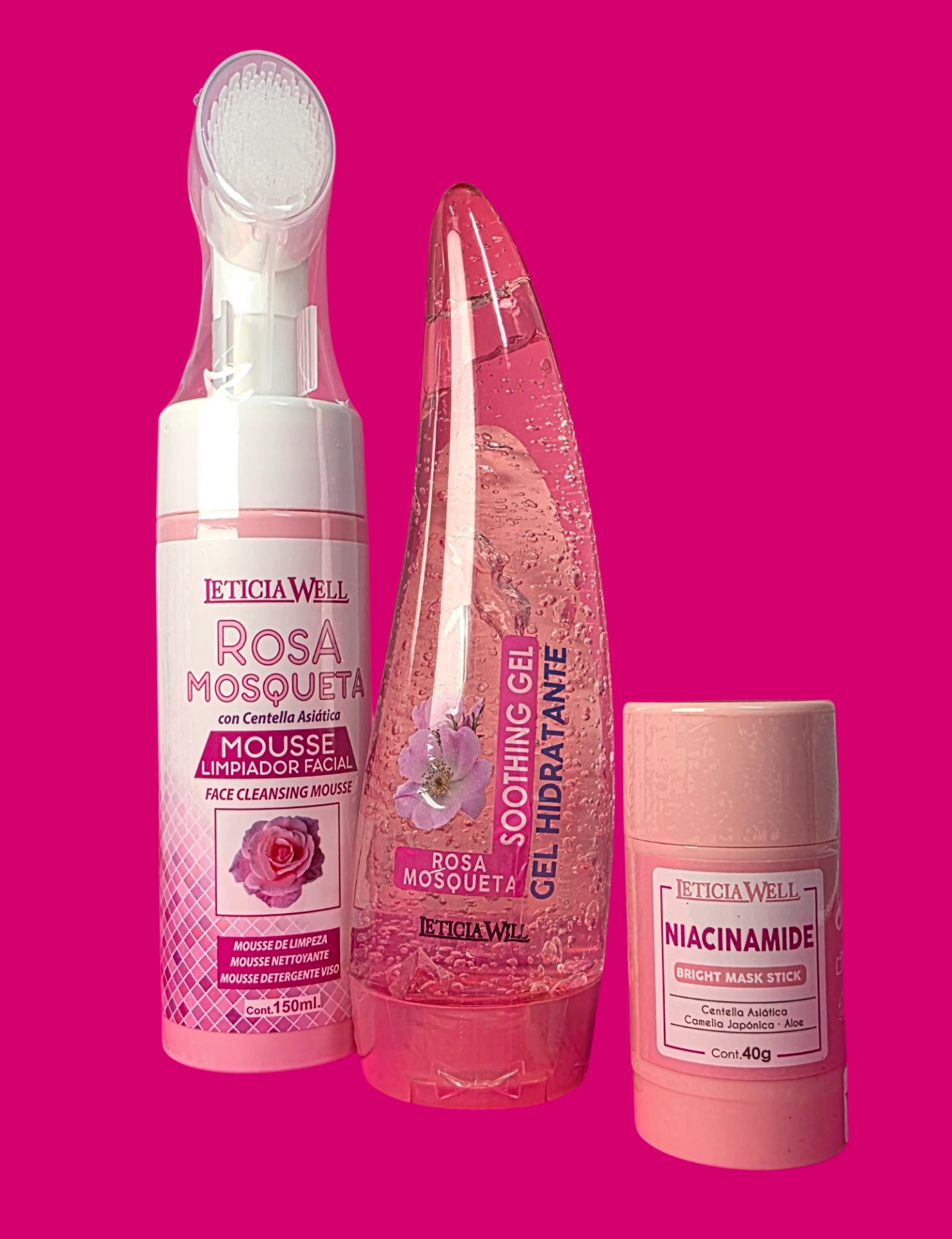 Mousse de Limpeza Facial Rosa Mosqueta: Um sabonete facial espumante diário que aproveita as propriedades regeneradoras e antioxidantes da rosa mosqueta para ajudar a melhorar a aparência da pele, reduzir cicatrizes e manchas. Gel Hidratante Rosa Mosqueta (Soothing Gel): Um gel hidratante com rosa mosqueta, conhecido por ser nutritivo e calmante, de rápida absorção e não oleoso, adequado para todos os tipos de pele, para uso no rosto e corpo. Máscara Facial em Stick com Niacinamida (Bright Mask Stick): Uma máscara em formato de stick que contém niacinamida, centella asiática, camélia japónica e aloe vera. É projetada para iluminar e uniformizar o tom da pele, acalmar e hidratar.